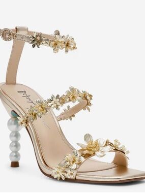 Betsey Johnson Metallic Gold Floral Pearl-Stack Heeled Sandals